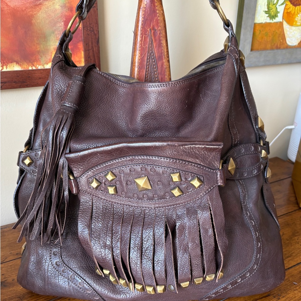 Michael Kors Brown and Gold Shoulder Bag with Fringe and Tassels